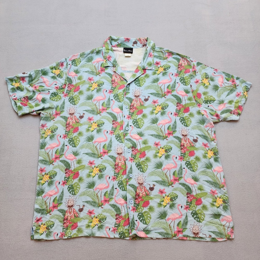 Rick and Morty Hawaiian Button Up Shirt Adult 2XL Tropical Flamingo Rayon Adult